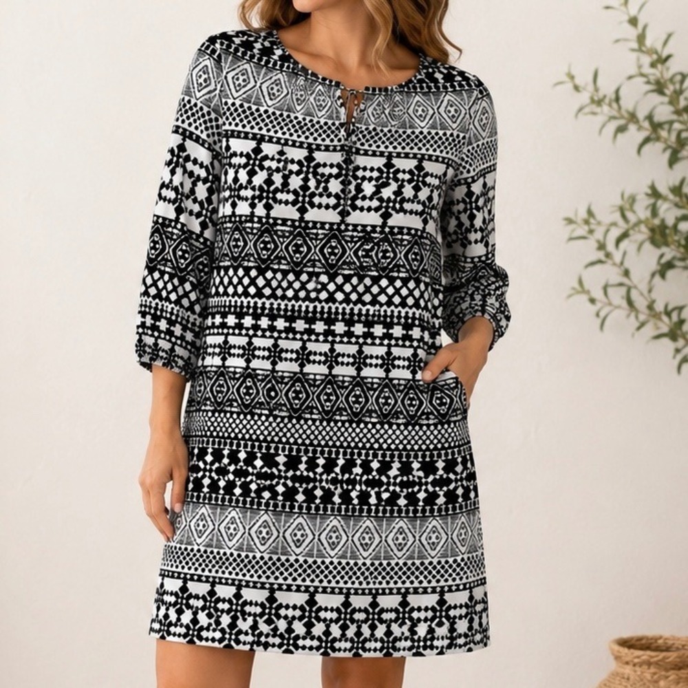 Mossimo Black White Tribal Geometric Shift Dress 3/4 Sleeve Boho Small - Picture 1 of 9